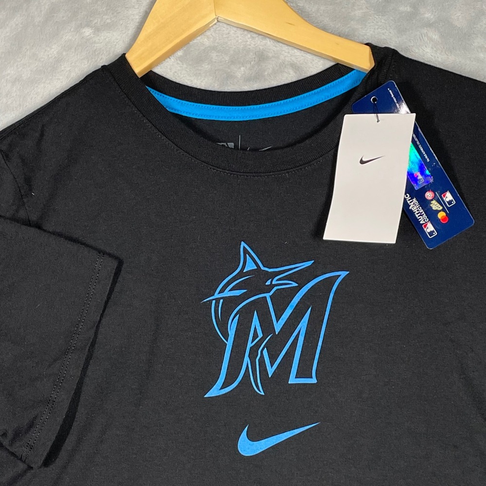 Nike Miami Marlins MLB Authentic Collection Women Black Blue T-Shirt Large NEW